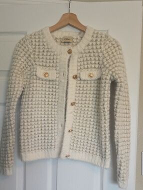 Elie Tahari Cream Bouclé Cardigan with Gold Buttons
